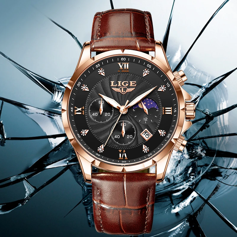 LIGE Man Watch Fashion Luxury Casual Sports Leather Strap Calendar Quartz Men\'s Watches Waterproof Luminous Diamond Wristwatches