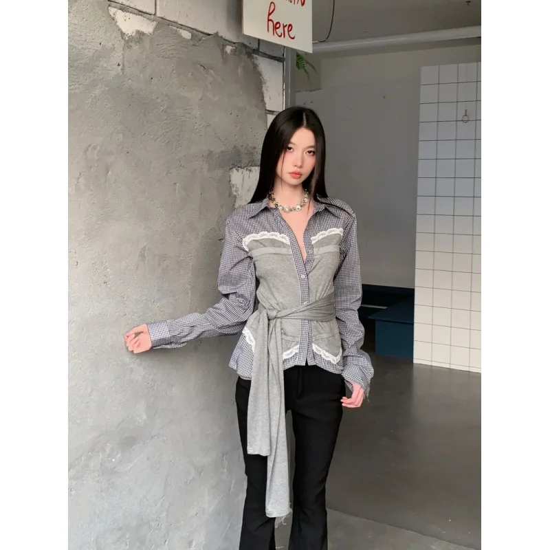 الرجعية Y2K منقوشة الدانتيل بألواح الرباط ضمادة رمادي قميص المتخصصة Preppy القمصان والبلوزات Harakuju الخريف الملابس النسائية الجديدة #5