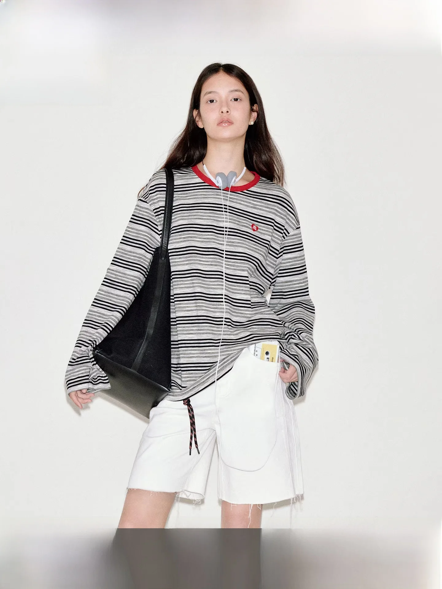 

Fano повседневная свободная футболка в полоску с длинным светом, женская новинка 2025, дышащий впитывающий пот круглый топ средней длины