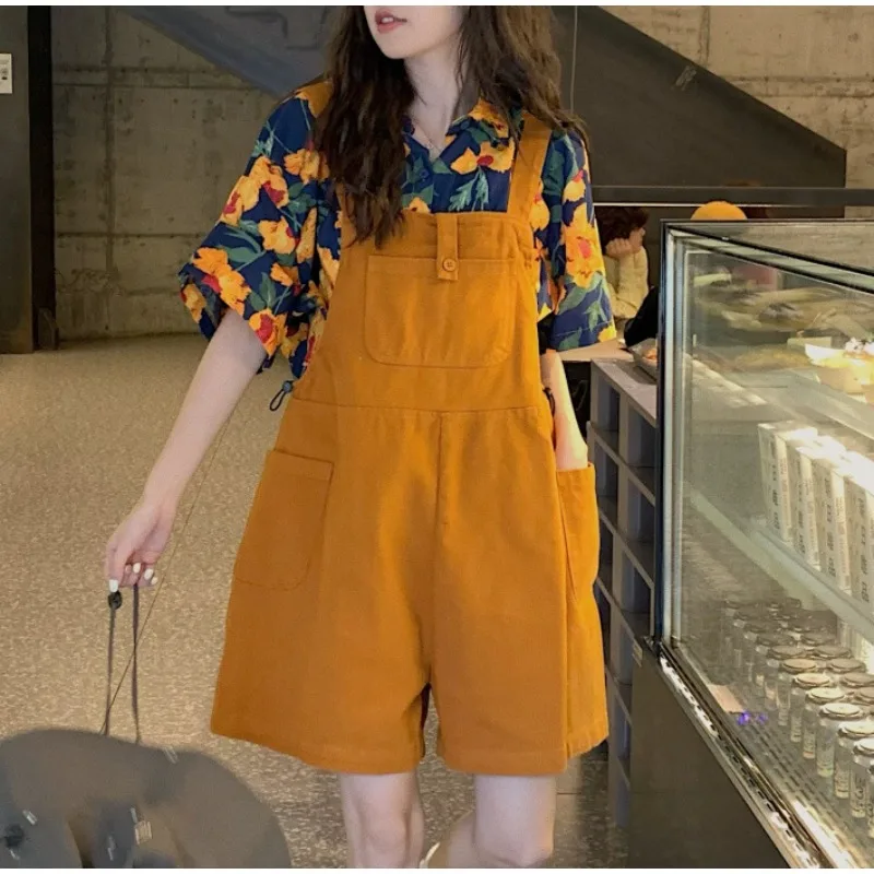 

2024 New Women Clothing Retro Print College Style Shirts Short Rompers Set Girls Summer Loose Wide Leg Short Jumpsuit Overalls