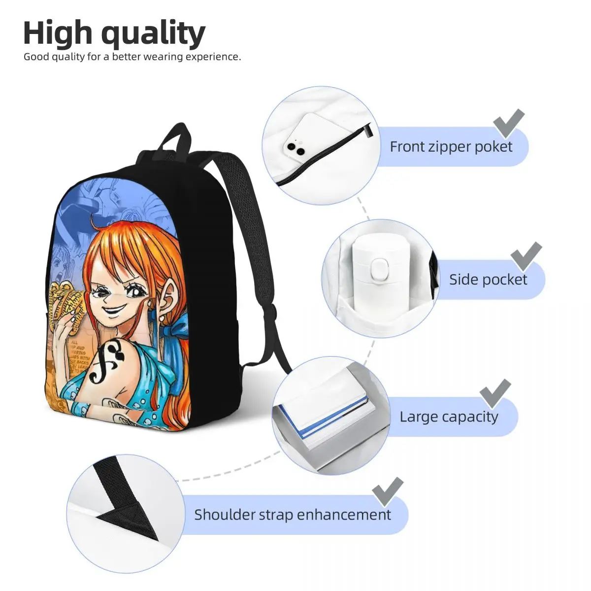 Bolsa para ordenador portátil con múltiples compartimentos para mujer, regalo de regreso a la escuela, Nami Manga, Daypack Journey