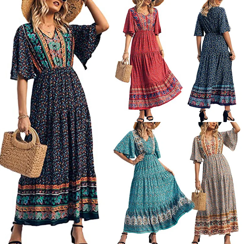 

2025 Summer New Hot-Selling Women's Bohemian Beach Vacation Flared Long Dress E001