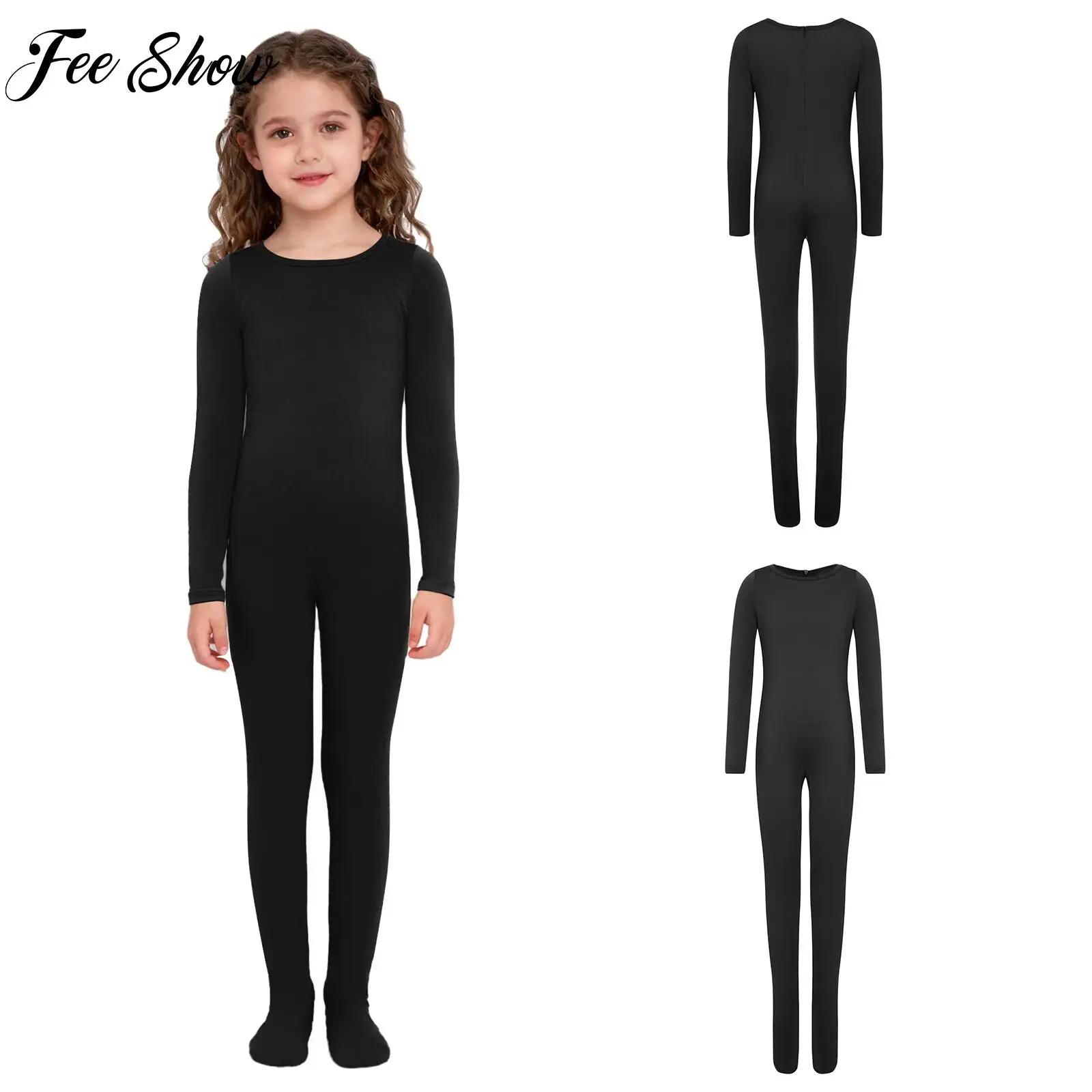 

Long Sleeve Ballet Dance Gymnastics Figure Skating Costume Kids Girls Solid Color Footed Jumpsuit for Practice Warm-Up Training