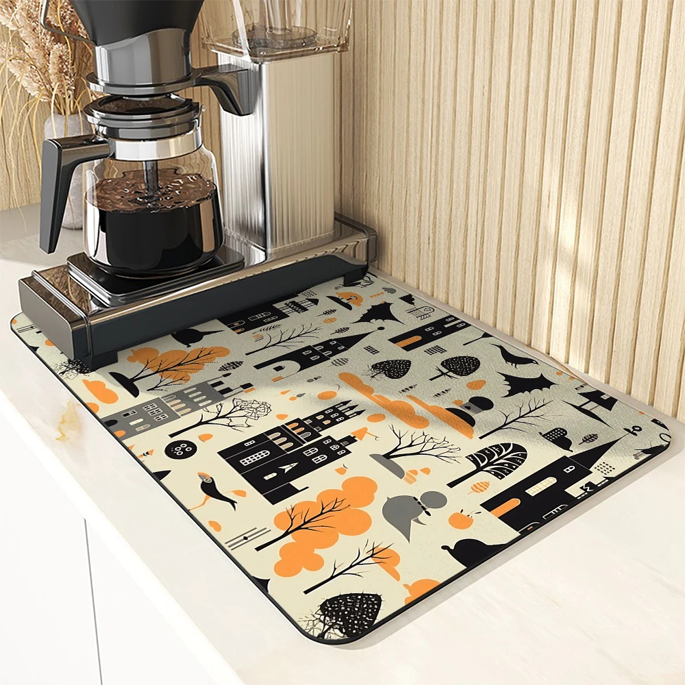 Coffee Cup Drying Mat Halloween Castle Non-slip Absorbent Mat Diatoms Tableware Kitchen Counter Drain Mat Coffee Bar Drain Mats