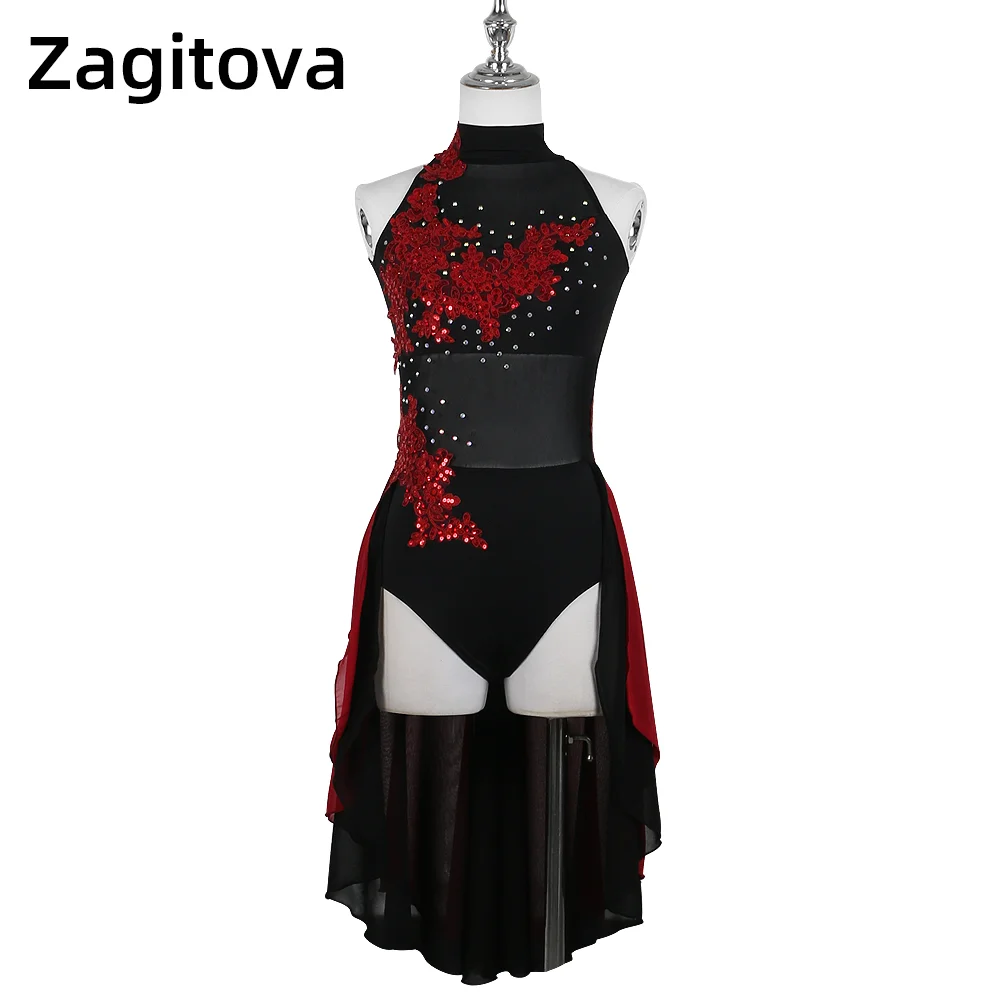 

Zagitova Figure Skating Dress Women Girls Ice Skating Skirt Performance Competition Black Red Mesh Skirt Costume Latin Pole