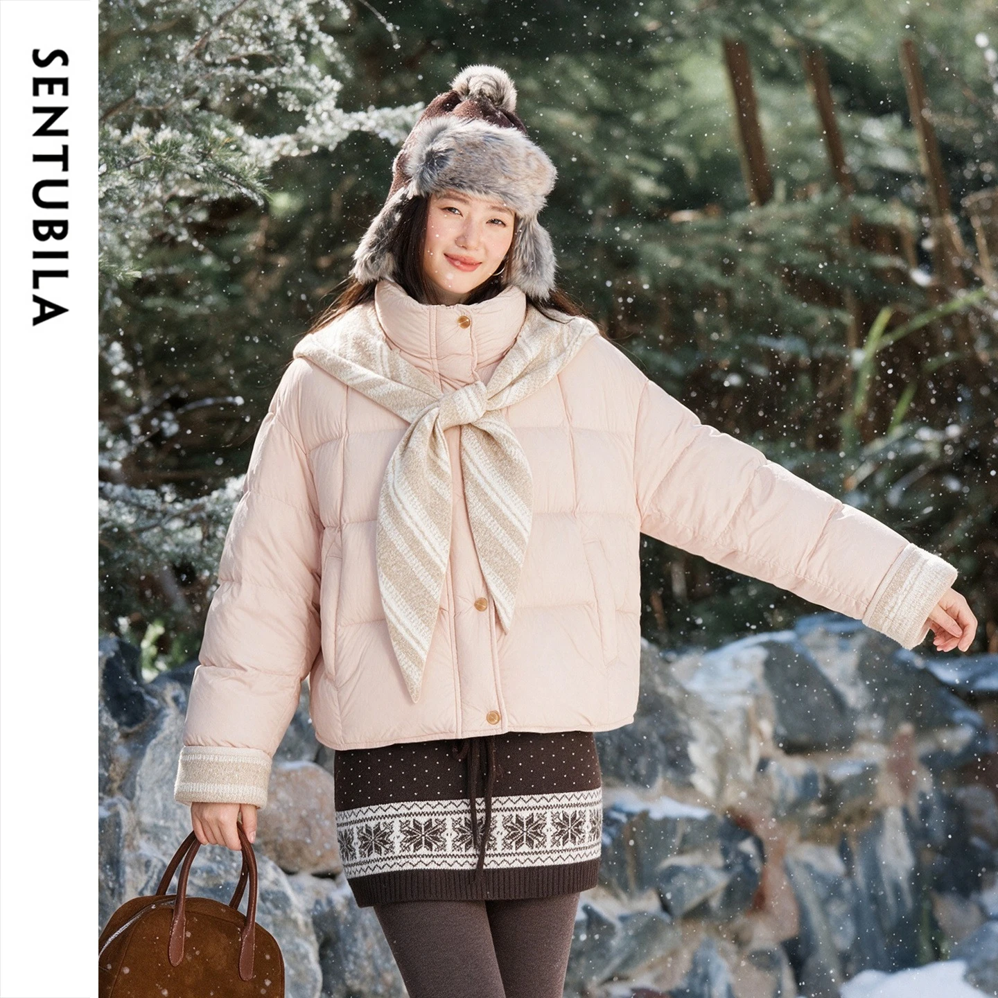 SENTUBILA Women's Winter Down Jacket 2026 White Duck Down Detachable Knit Hood Stand Collar Commuter Warm Outerwear W64YC8122