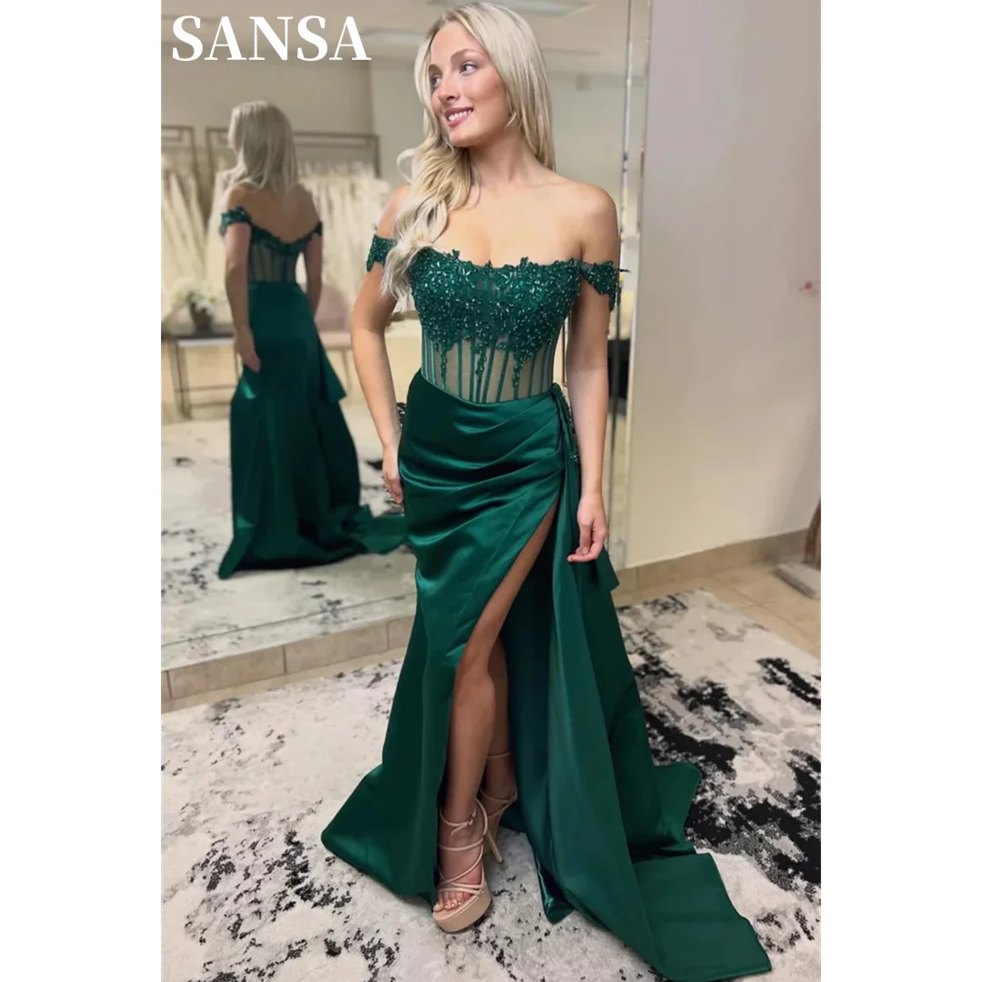 Sansa Green Lace Appliques Prom Dress Mermaid Satin Wedding Dresses Elegant Sleeveless Sexy Side High Split Vestidos De Fiesta