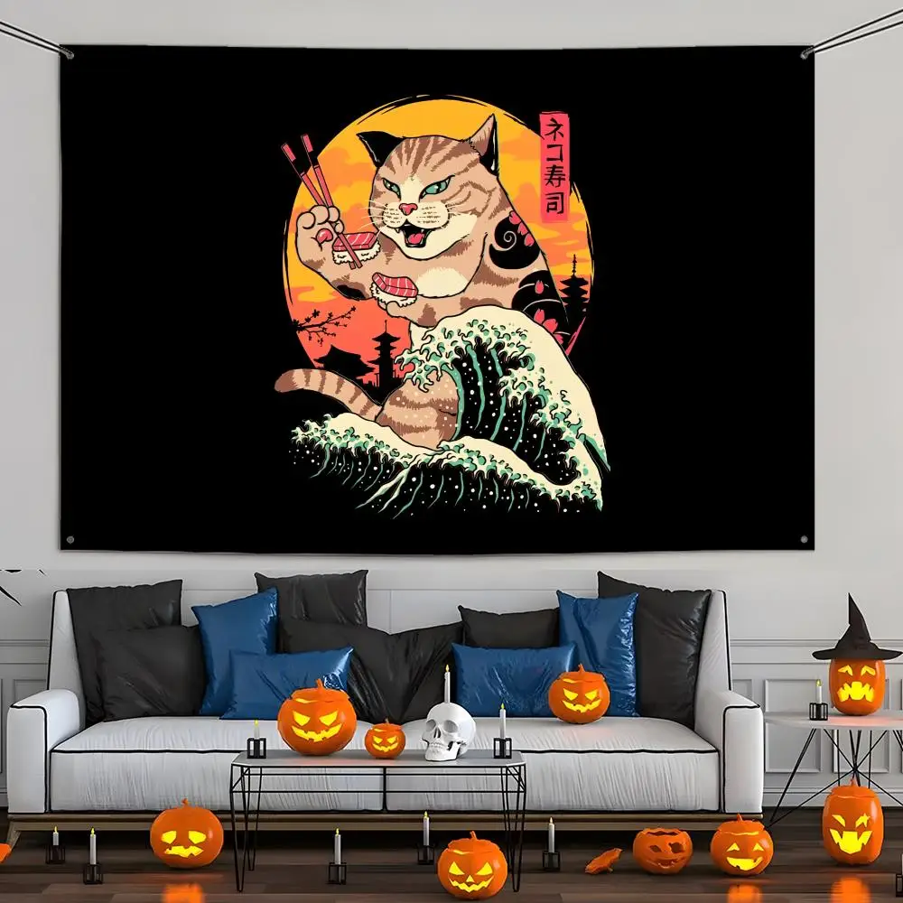 Samurai Cat Flags Wall Hanging Tapestry Outdoor Decorative flag Background Blanket