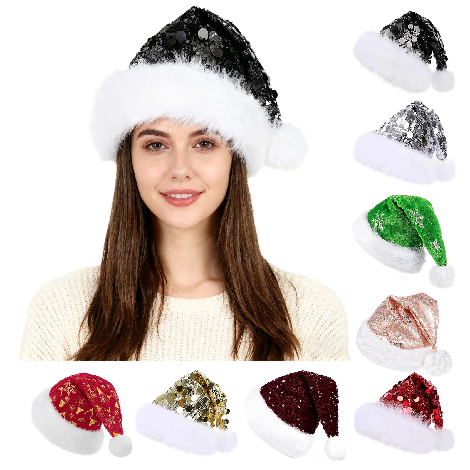 1Pc Adult Sequin Plush Santa Hat Unisex Christmas Holiday Hat Plush Winter Brim Xmas Hat for New Year Festive Holiday Party