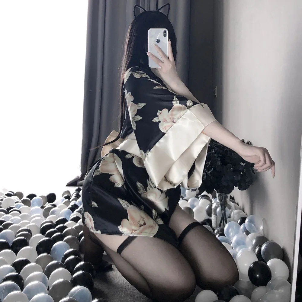 زي الكيمونو الياباني أزياء الإغراء التأثيرية مجموعة الملابس الداخلية الغريبة ملابس النساء فضفاضة طويلة الأكمام مثير الدانتيل يصل منامة #2