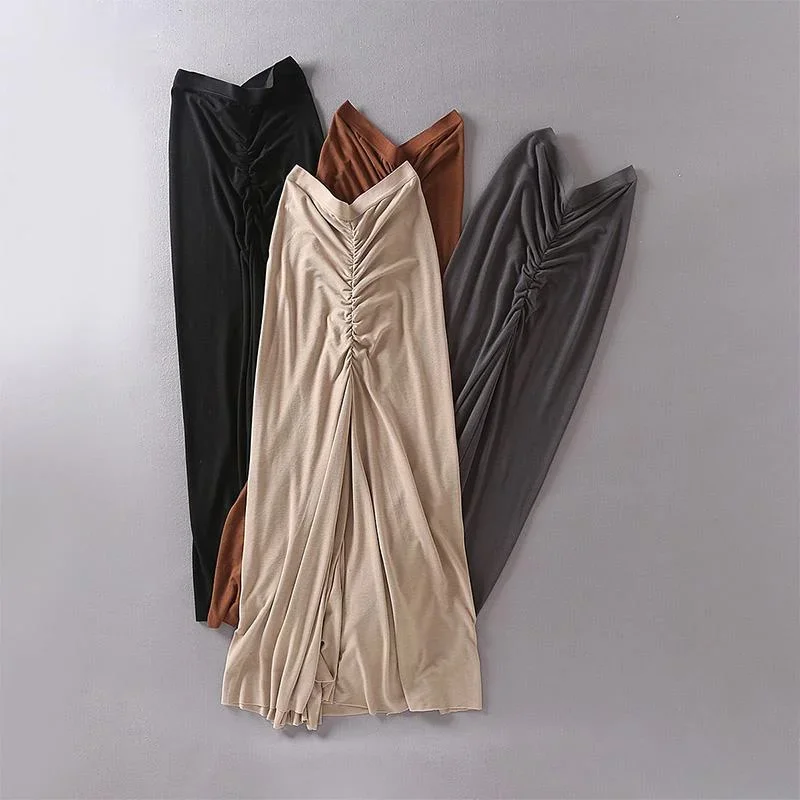 Y2k All-Match Solid Color Elastic High-Waist Tight Bodycon Long Skirt 2023 Fashion Women Summer Sexy Black Pleated Pencil Skirt