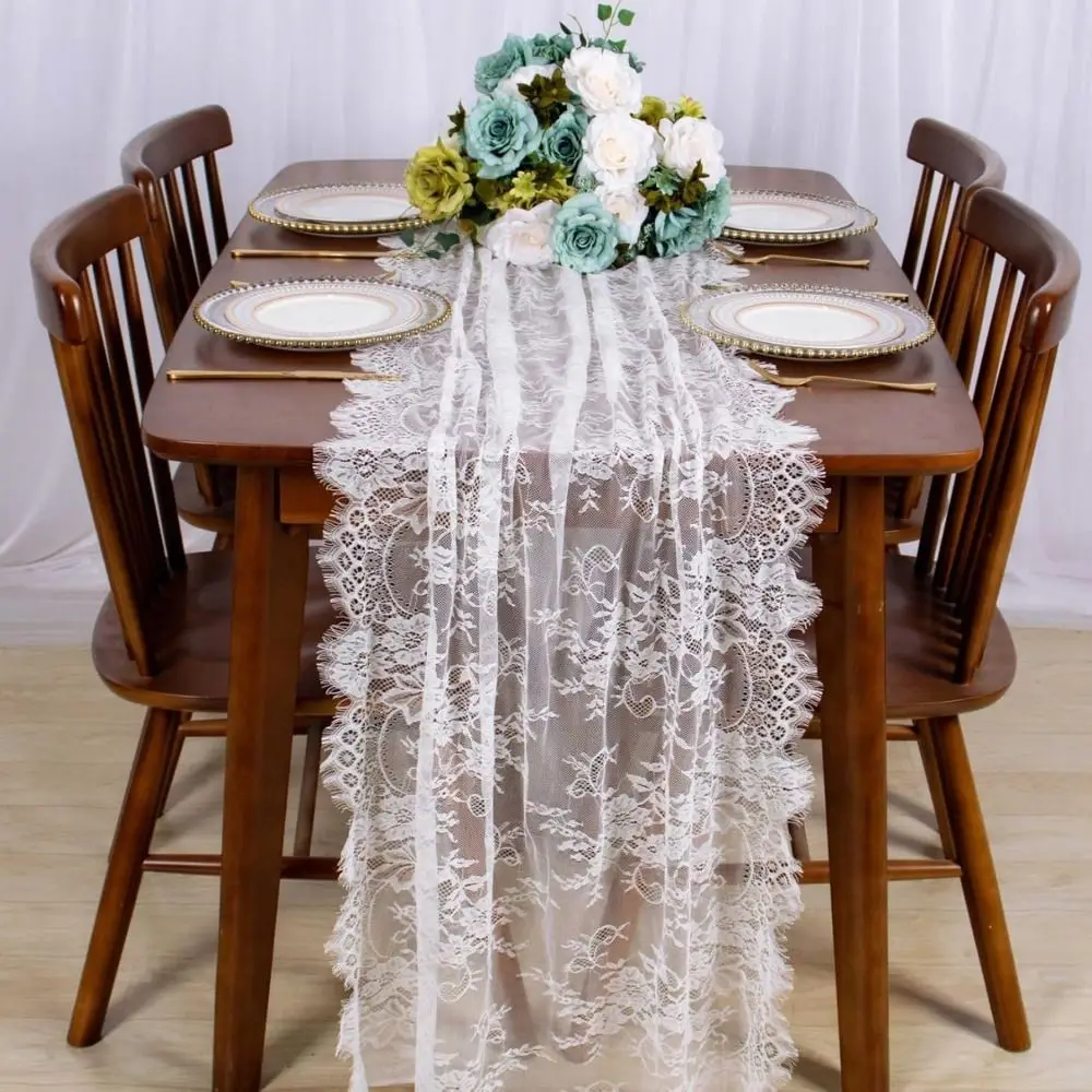 

White Color Lace Table Runner Rectangular Shape European Style Vintage Table Runners Soft Floral Embroidery