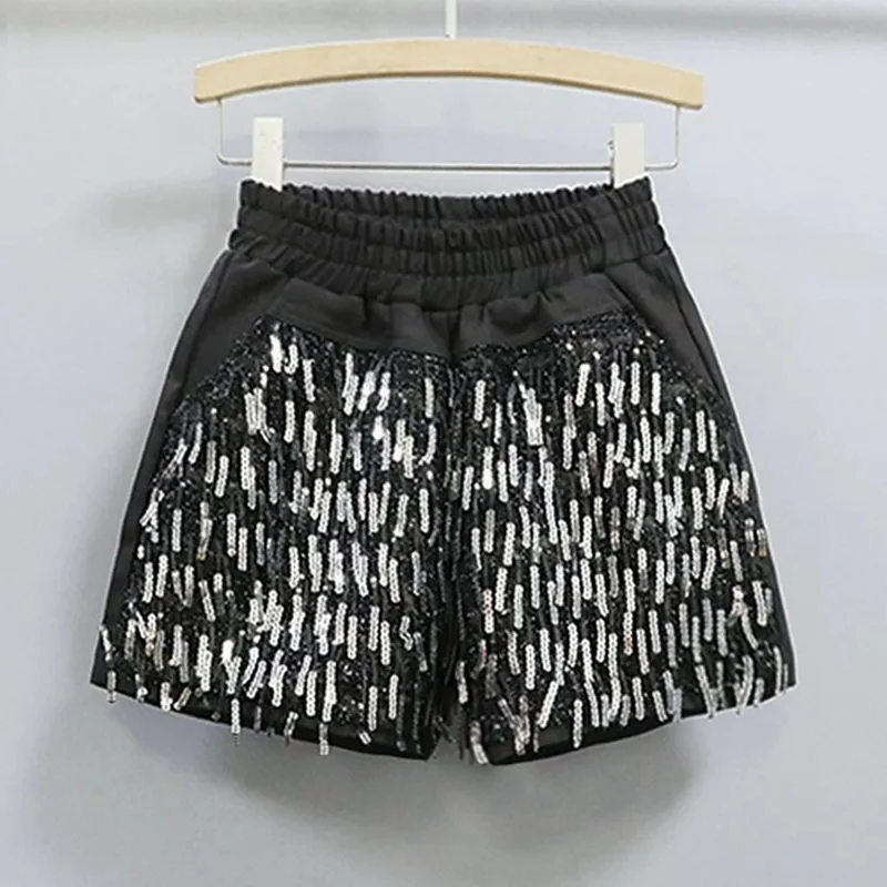

Black Sequins Splice Shorts Women Streetwear Summer Korean Slim Chain Trend Hot Pants Multicolour Casual Shorts 2025 Short Mujer