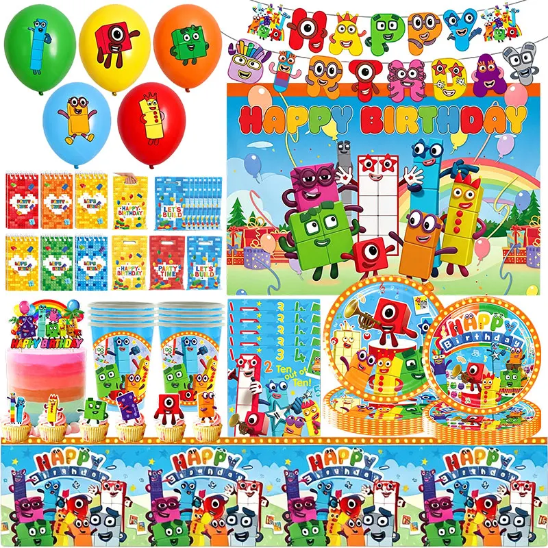 Neue Zahlen-Bausteine Geburtstagsdekoration Tischgeschirr Teller Becher Servietten Tischdecke Ballons Banner Hintergrund Kinderparty-Zubehör