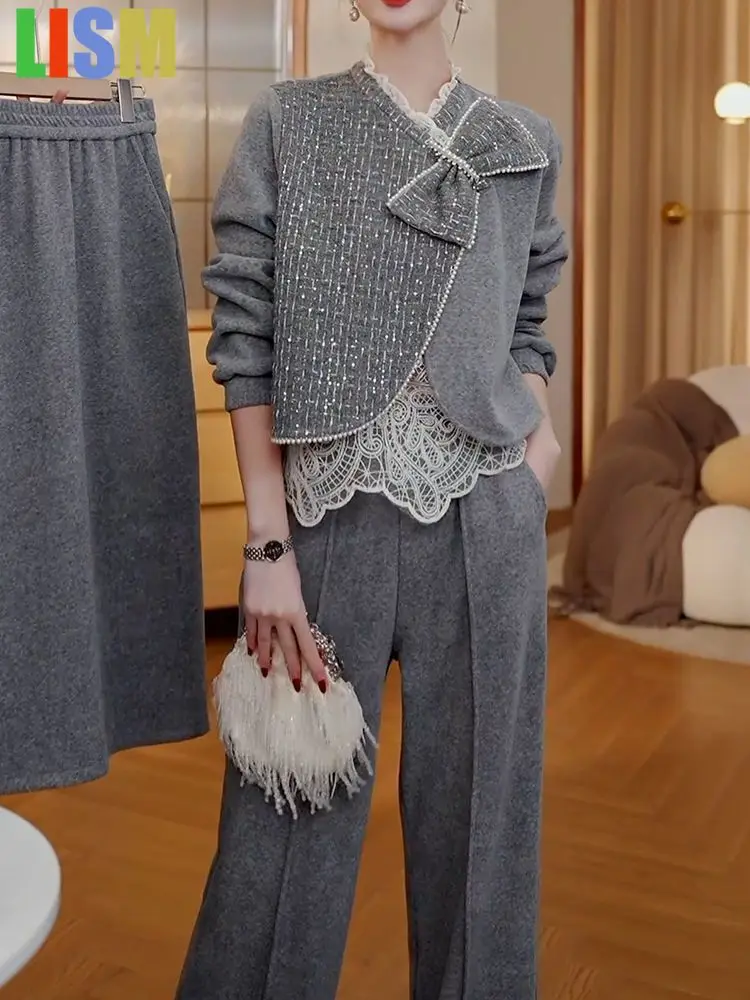 

LISM winter woman outfit Korean socialite style fashion fleece pants set autumn sense patchwork versatile top and pants Suits