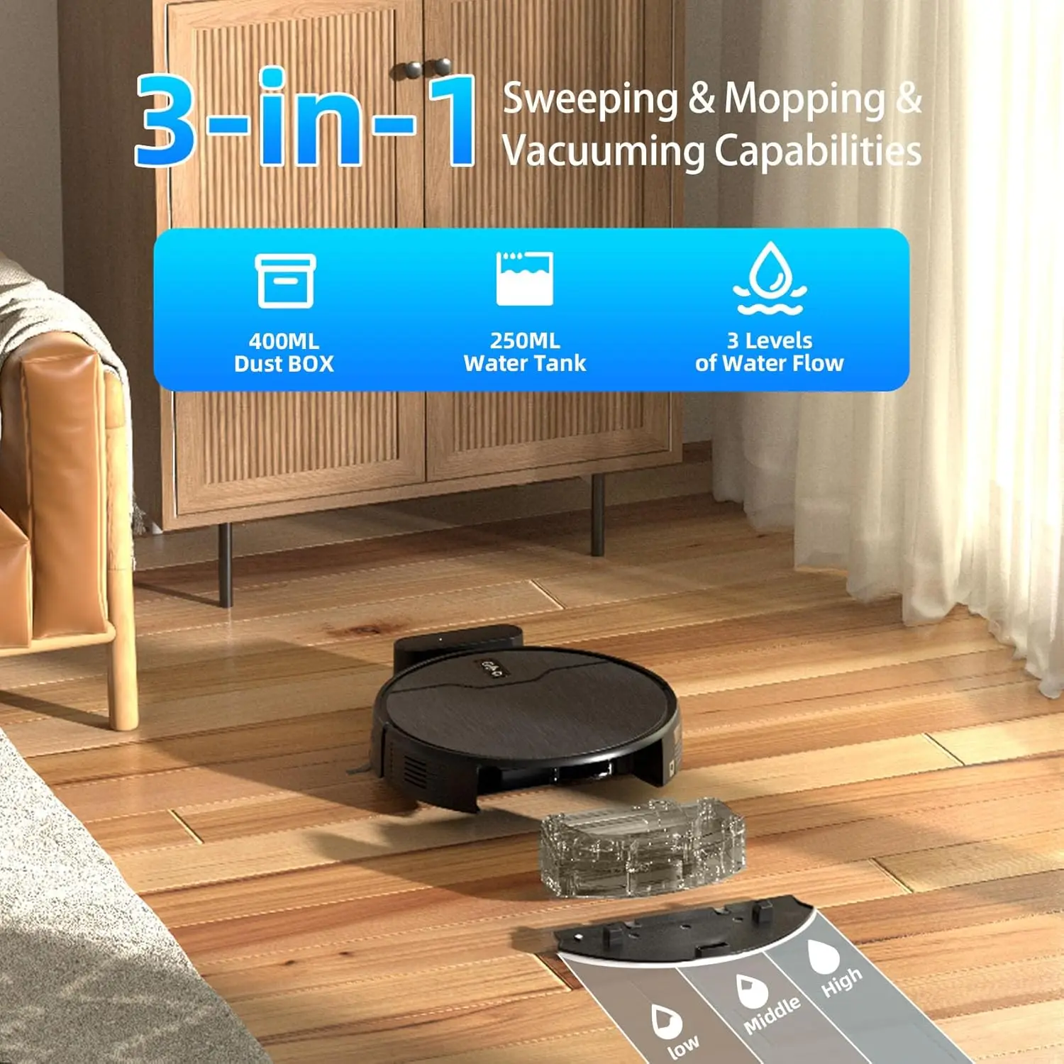 Robot Vacuum and Mop Combo,6 Cleaning Modes,Large Capacity Water Tank Dustbin,Ideal for Hard Floor, Carpet, Pet Hair