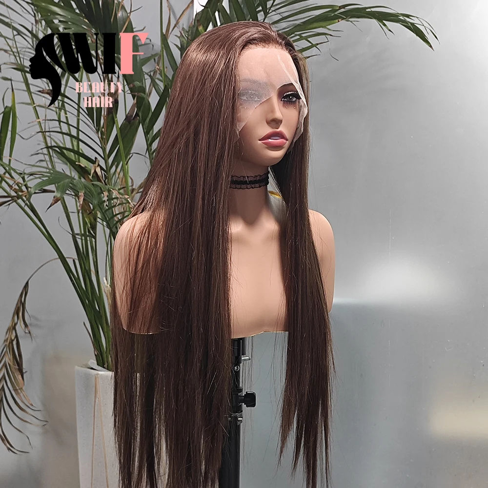 WIF Brown Straight Synthetic Lace Wig Silk Long Straight Natural Hairline Lace Front Wigs Women Daily Use Chocolate Brown Hair