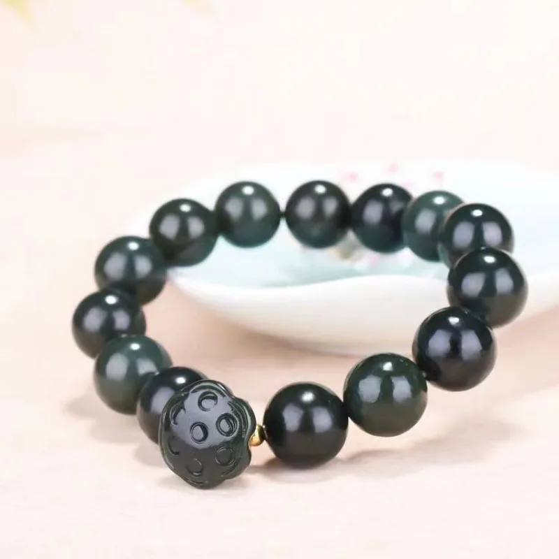 

New Hetian Sapphire Bracelet, Jade Round Bead Lotus Pod Bracelet for Men and Women