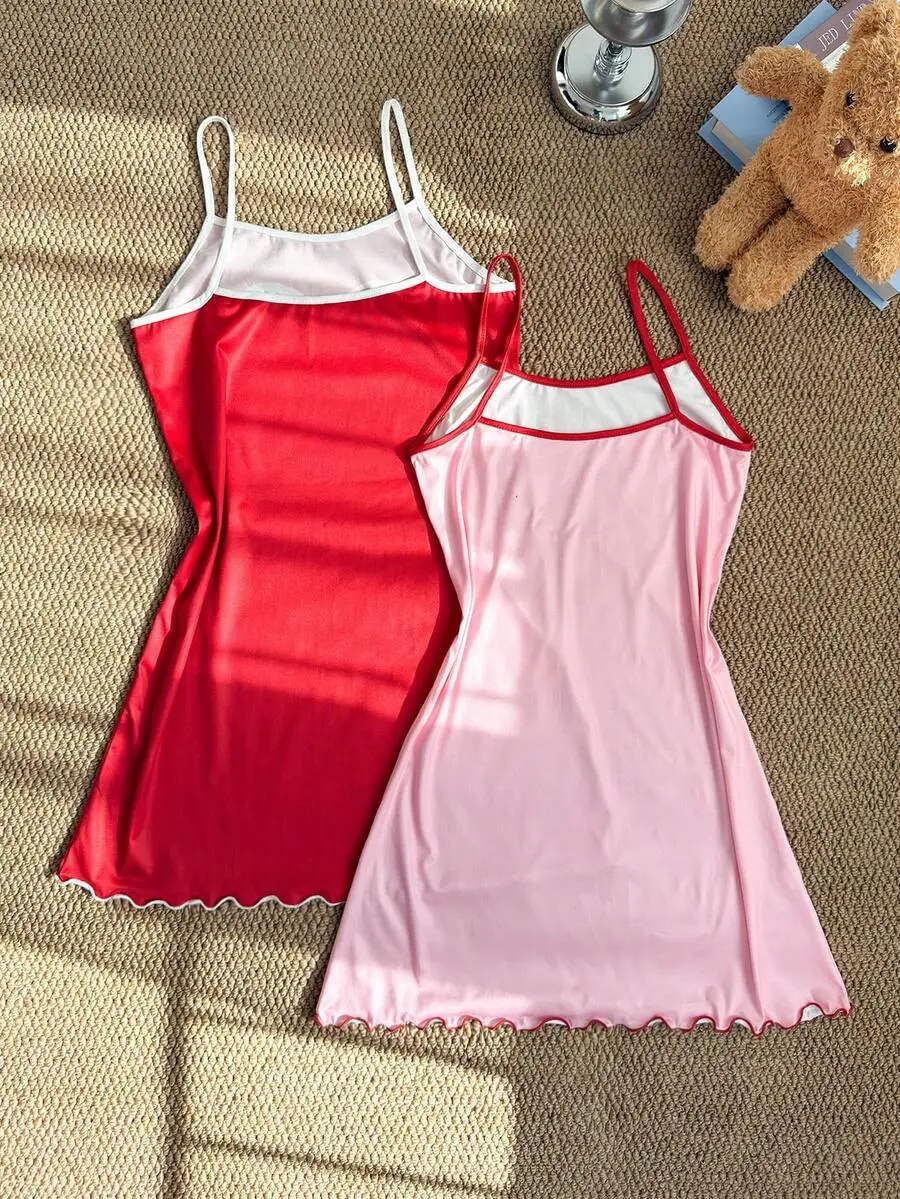 

2 Pcs Womens Solid Color Satin Night Dress With Lettuce Trim Round Neck Backless Sleepwear