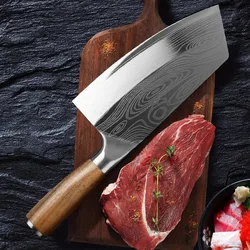 Stainless Steel Meat Cleaver Slicing Knife Laser Damascus Pattern Meat Chopping Kitchen Chef Butcher Knife Wood Handle Knife