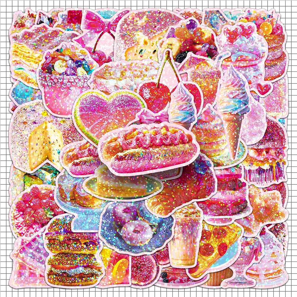 10/30/50 stücke Cartoon Leckeres Essen Laser Aufkleber Nette Kuchen Dessert Obst Graffiti Aufkleber Wasser Flasche Telefon Laptop abziehbilder Geschenk
