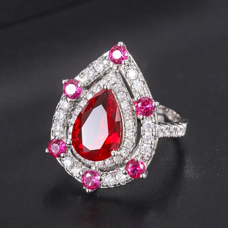 Year Water Drop Shape Pink Diamond Inlaid Zircon Ring Evening Wedding Elegant Diamond Ring Jewelry