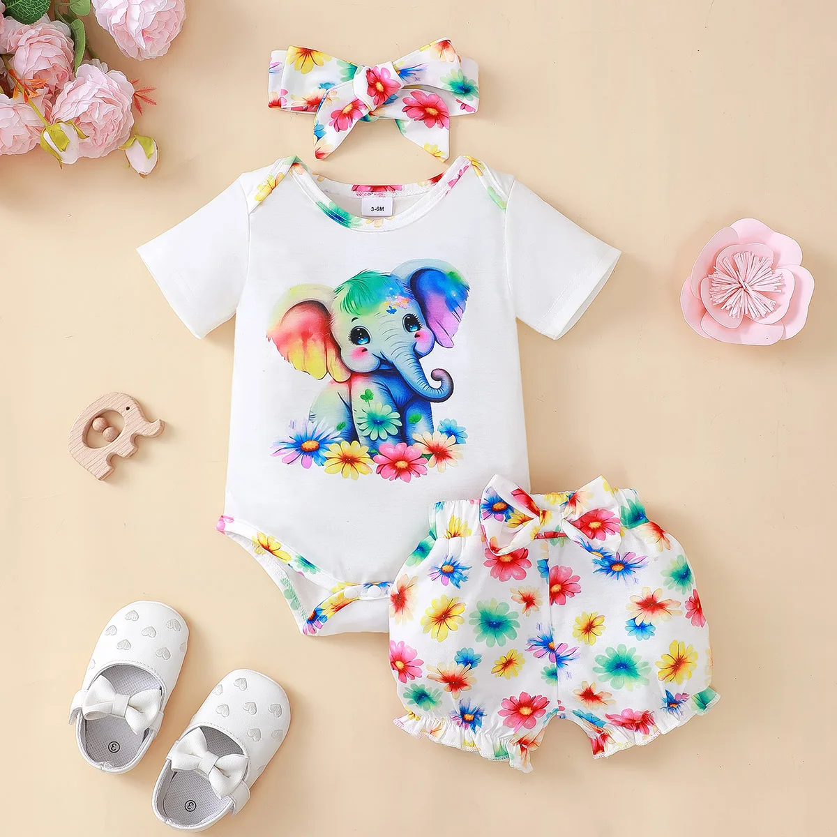 Children\'s clothing Girl Cartoon Cute Colored Elephant+Headband and Printed Shorts Suitable Babies Aged 0-2 Summer Fashion Set