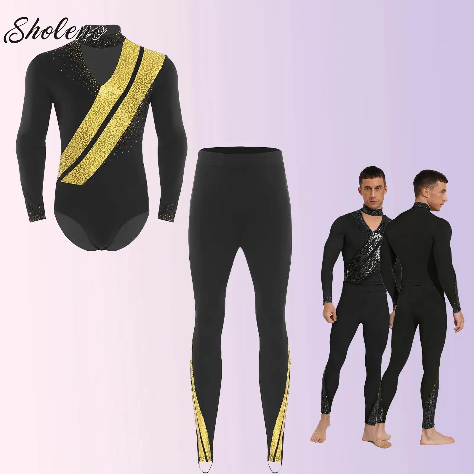 ชุดแสดงกายกรรมศิลป์สำหรับผู้ชาย ชุดแสดงสเก็ตลีลา ชุดบัลเลต์ ชุดเต้นลาติน แทงโก้ ชุดรัดรูปแบบมีกากเพชร เสื้อบอดี้สูทพร้อมกางเกง