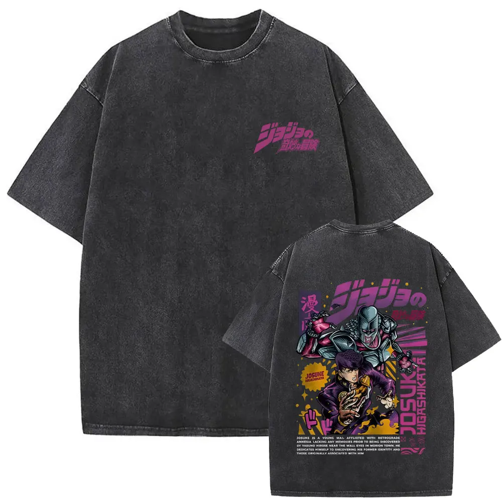Washed Vintage Anime JoJo Bizarre Adventure Higashikata Josuke Graphic T-shirt Men Women Manga Casual Cotton T Shirts Streetwear