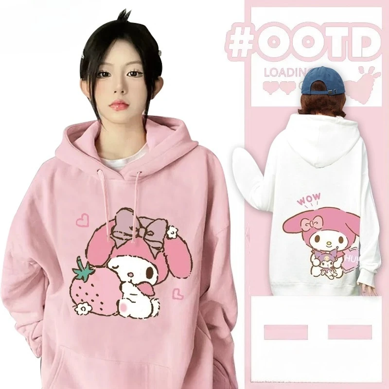 日本のレトロなソフトでキュートなマイメロディのイチゴ柄プリントのフード付きセーター、インスタイルのトレンド、ゆったりとしたカジュアルスタイル、キュートな女の子のトップス