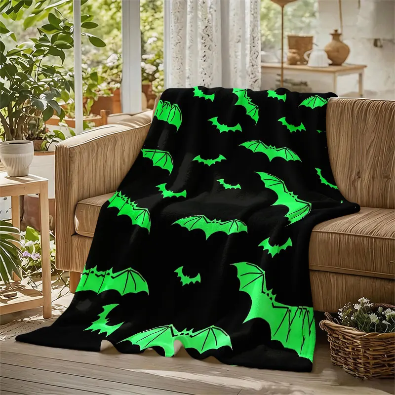 Green Halloween Bats Flannel Blanket Warm Soft Halloween Christmas Decorative Couch Warm Cozy All-Season Gift