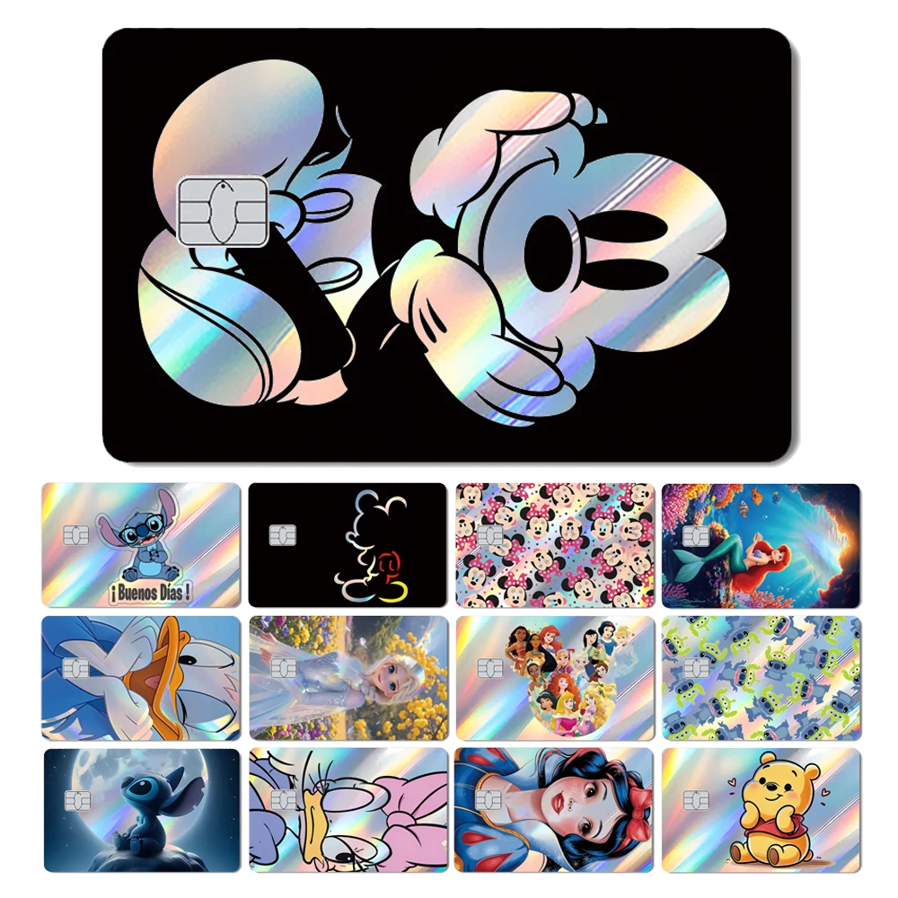 Tiburón mágico Mickey Minnie Stitch Pato Donald oso princesa película holográfica pegatina de piel láser brillante para tarjeta de crédito de débito