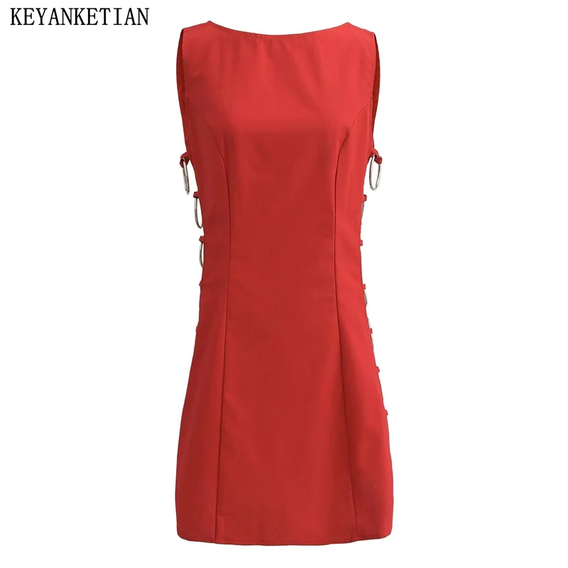 

KEYANKETIAN 2024 New Women's Circle Decoration Hollow out Sundress Summer Sexy Club Backless Sheath Sleeveless Mini Dresses