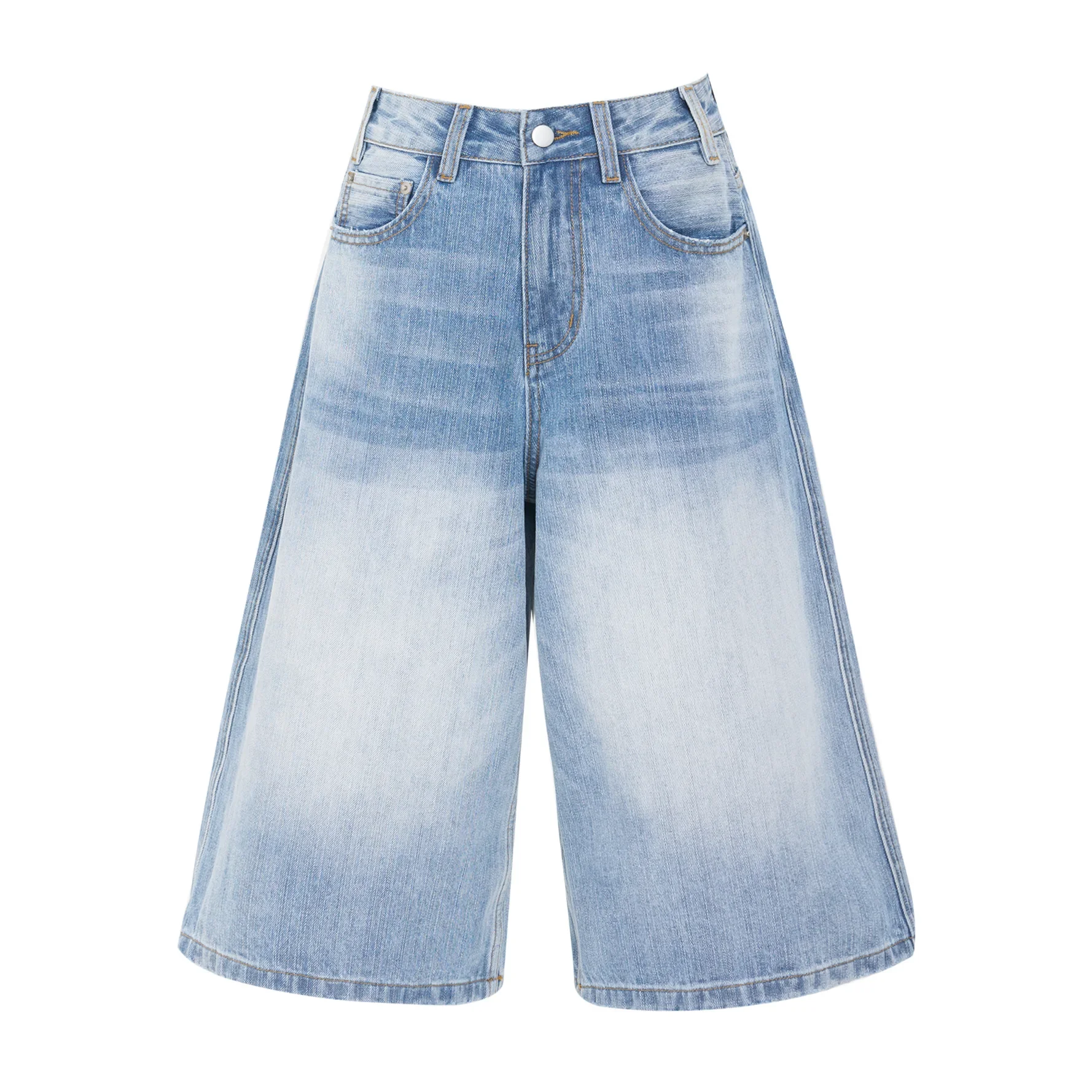 

American Bamboo Blue Seven Points Wide Leg Denim Shorts. Women Summer High Waist Show Thin All Build Straight Tube Casual Pants