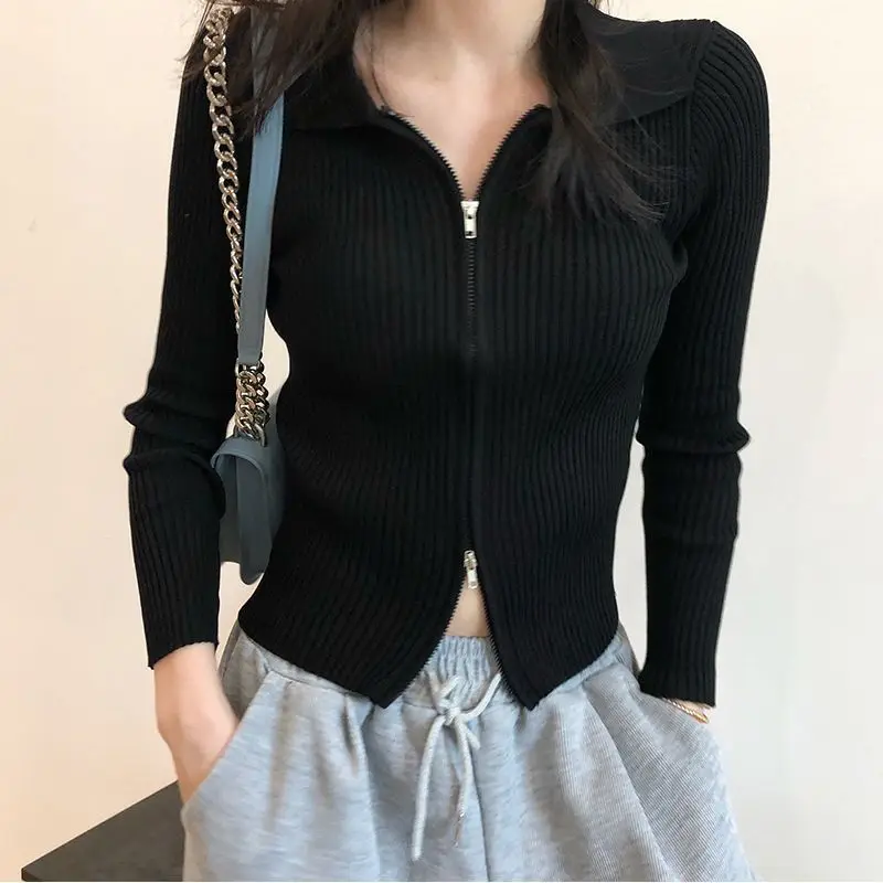 Slim Fit Short Knitted Neck Open Cardigan Women's Thin Long Sleeve Early Autumn New Style Double Zipper Long Sleeve