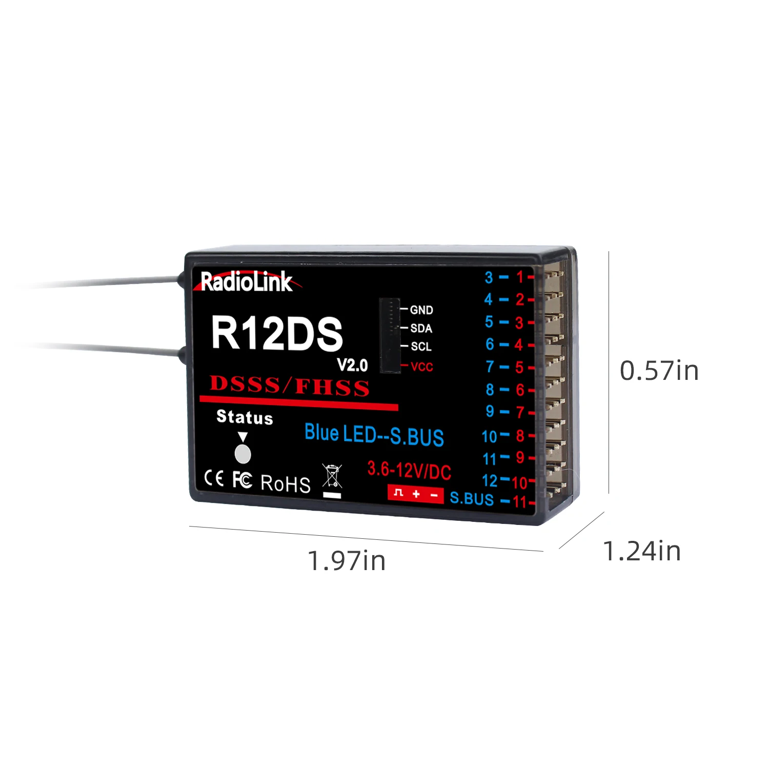 Radiolink 2,4 GHz R12DS 12 Kanäle RC Radio Empfänger Unterstützung SBUS/PWM DSSS & FHSS AT9/AT9S/AT9S Pro/AT10/AT10II – Detail 1