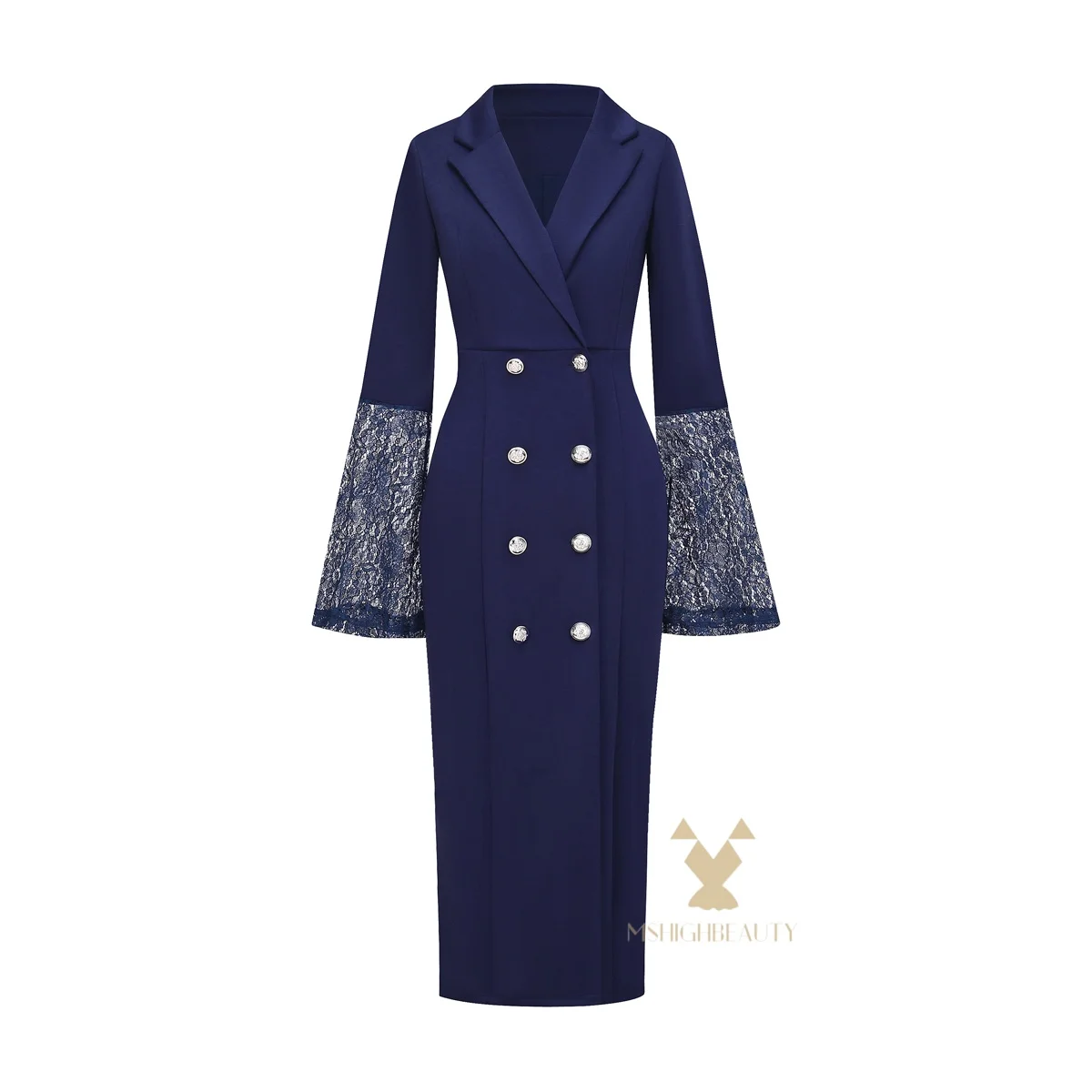 Women's Royal Blazer Dress Long Sleeve Lace Bell Cuffs Double Breasted Belted Bodycon Midi Dress for Party Office