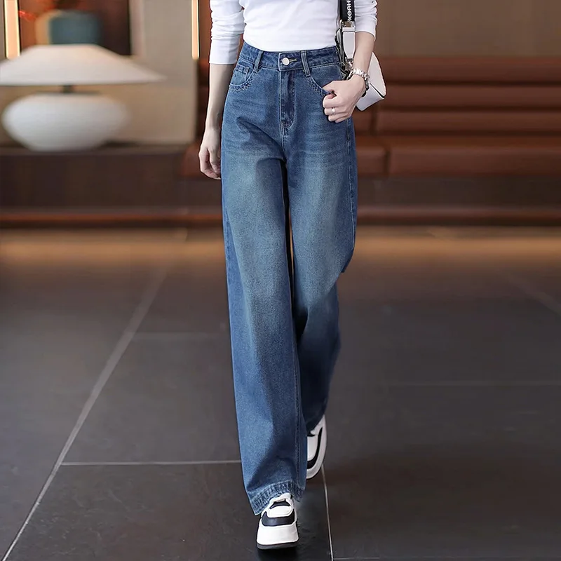 Vintage gewaschene blaue Scimitar-Jeans für Damen, Frühling und Herbst, neue, hoch taillierte, schlanke, gerade Bananenhose