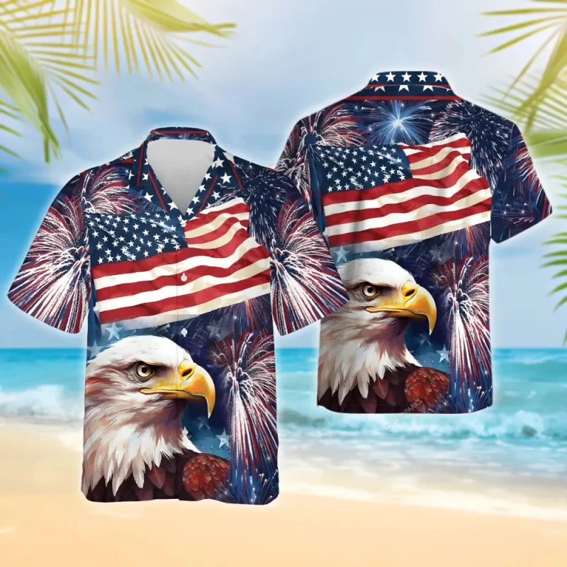 2024 USA Flag Shirts For Men American Eagle 3d Printing Men's Hawaiian Shirt Beach Short Sleeve Fashion Tops Tees Blouse Camisa