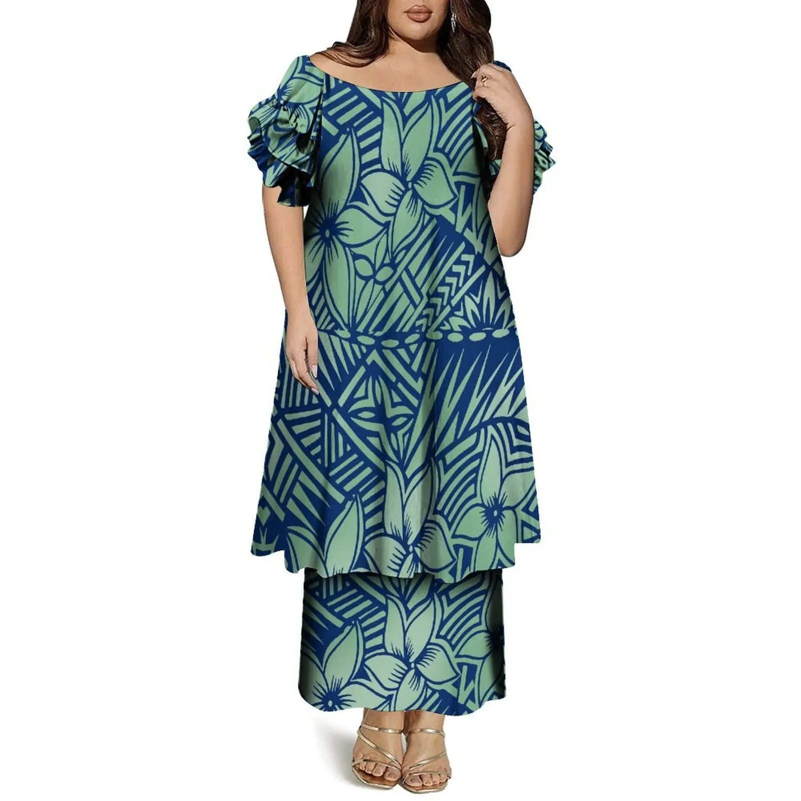 Conjunto de vestido feminino Puletasi de camada dupla com gola redonda e mangas borboleta vestido personalizado de verão polinésio