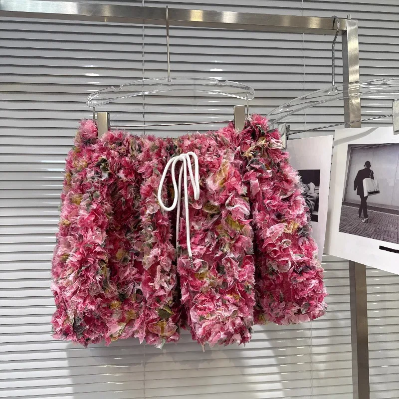 2025 Summer New Personalized Mini Skirts Sweet And Cute Smudged Chiffon Flower Drawstring Strap Bud Short Skirt Women's Clothes