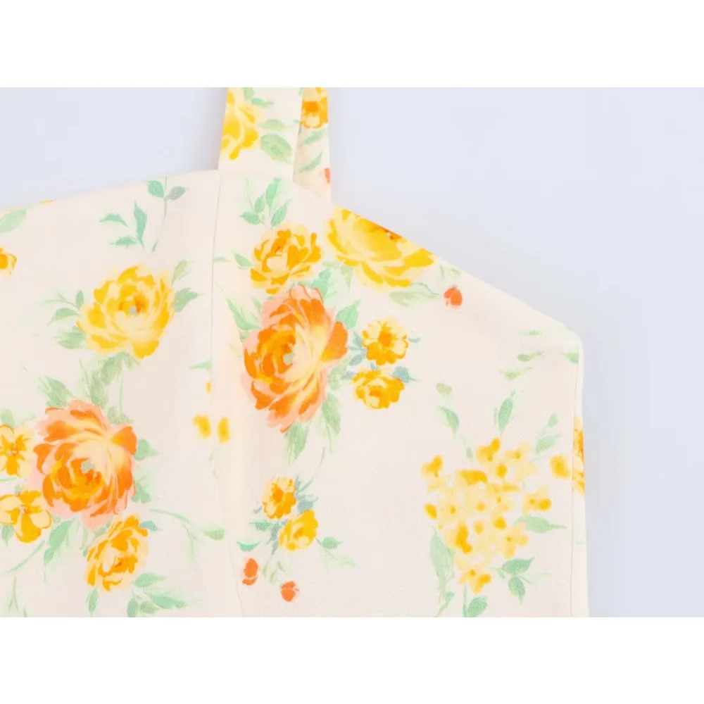 Women's Gorgeous Orange Floral Poplin Bow Dress Elegant Short Straight-neck Dress with Bow Straps Vacation Flower Printing Dress