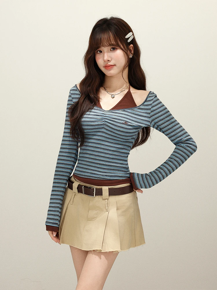 

Оригинальная женская футболка Nuxin в полоску, приталенная, для ношения под одеждой, с милым V-образным вырезом, удлиненная