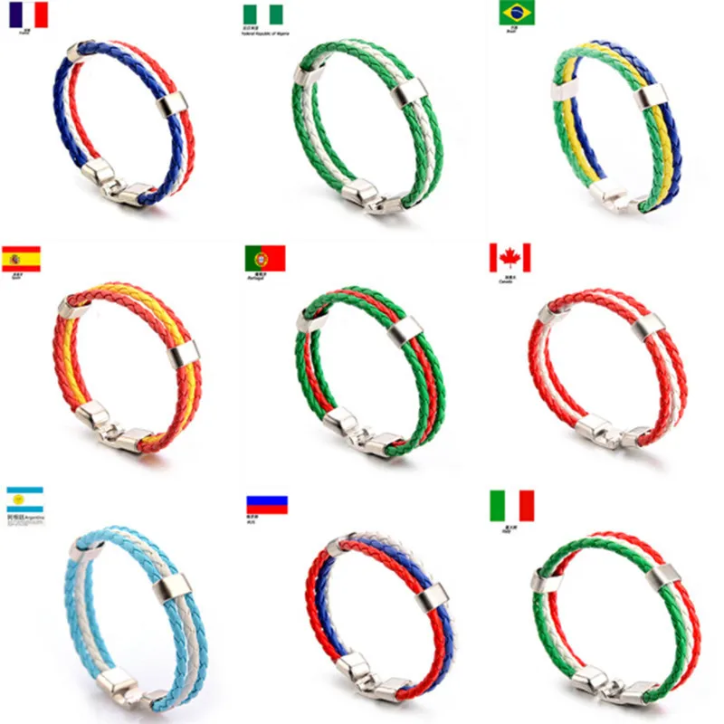 Russia Spain Bracelet France Brazil Flag Leather Team Bracelet Men\'s Football Fans Unisex Bangle Jewelry