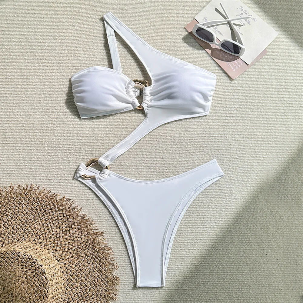 Sexy Rings Hollow Bikini Bandage Backless Monokini Irregular One Shoulder Swimsuit Women Swimwears Beachwear Outfit Bathing Suit