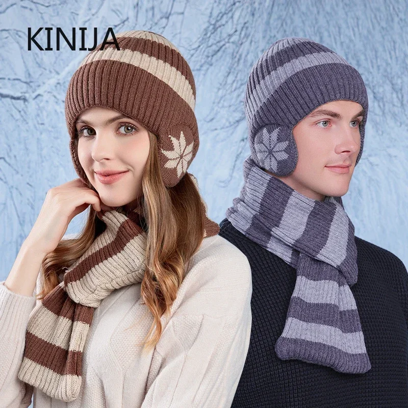 2pc Set Winter Beanie Cap Scarf for Men Women Winter Outside Warm Thick Knitted Hat Neck Scarves Mask Bonnet Caps Ski Cap