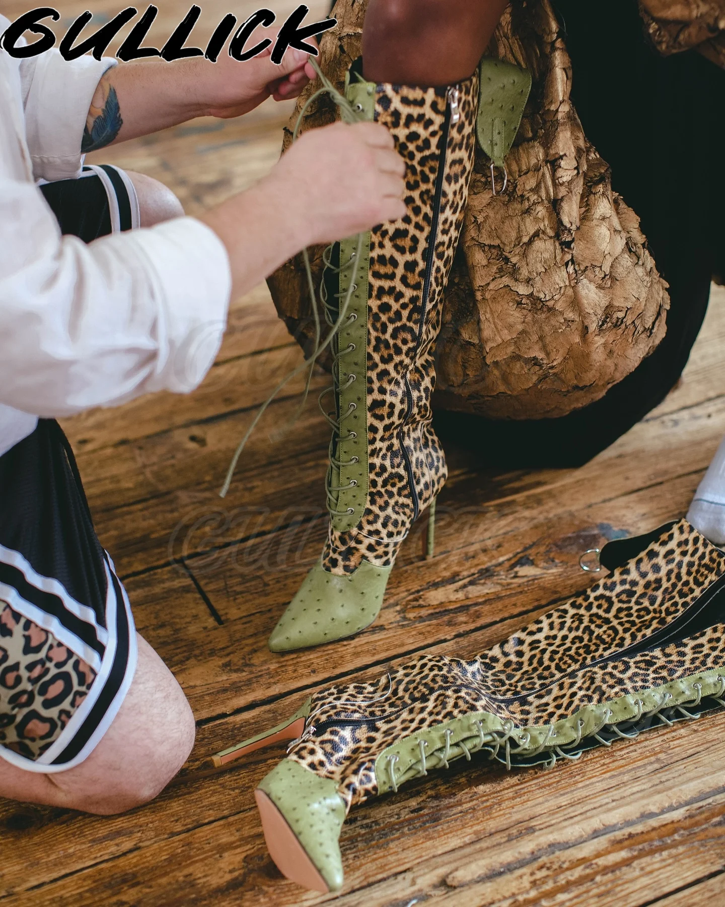 

Luxury Green Patchwork Boots Leopard Print Poineted Toe Stiletto Knee-high Botas Mixed Color Lace Up Women Sexy Designer Shoes