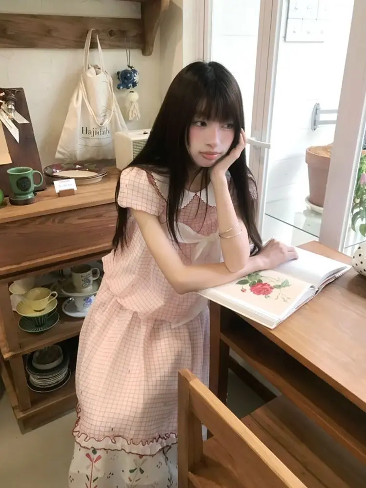 Coquette Sweet Summer Pink Gingham 2 Piece Set Women Bow Ruffle Trim Peter Pan Collar Top Midi Skirt Casual Party Outfit 2026 view 6