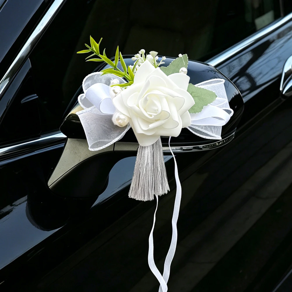 White Rose Wedding Rearview Mirror Decor Flower, With Tulle Bow, Pearls, Tassels And Green Leaves,For Wedding Car ,Chair Decor