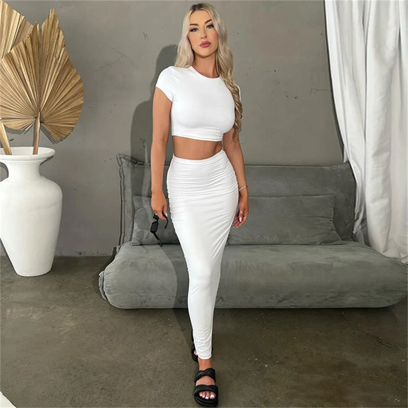 

2 Piece White Women's Prom Dress+Top Solid Color Summer Party Gown Beach Holiday Skirt Casual Daily Streetwear Midi Robes